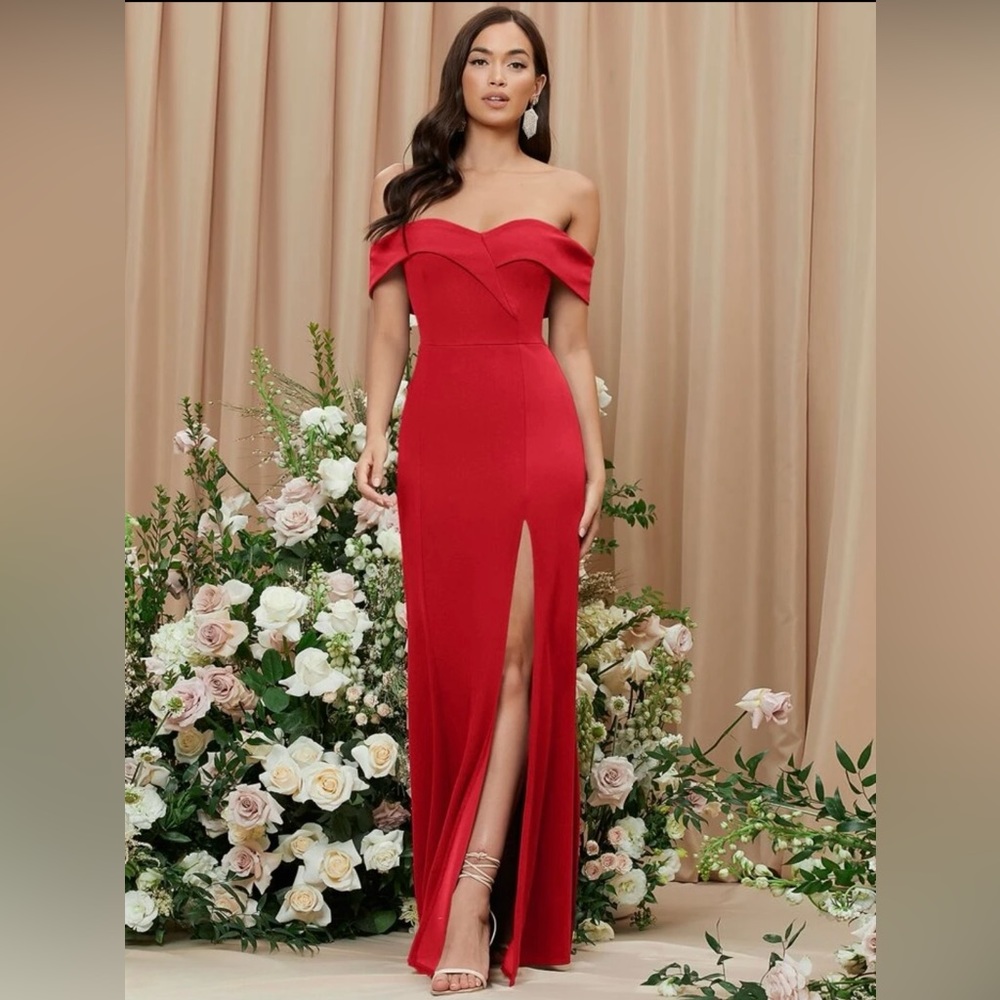 WOMENS RED SLIT OFF THE SHOULDER DRESS - Picture 1 of 4